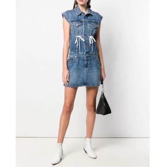 PSWL Proenza Schouler White Label Denim Mini Dress Cap Sleeve Tie Detail S - Picture 1 of 12